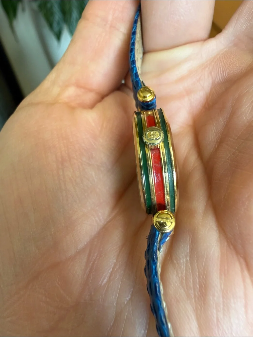 Gucci Blue Lizard Leather Watch with sherry line gold face 10mm